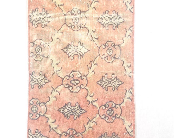 Vintage Turkish Small Rug 18x40 Inches Peach Oushak Pattern Wool