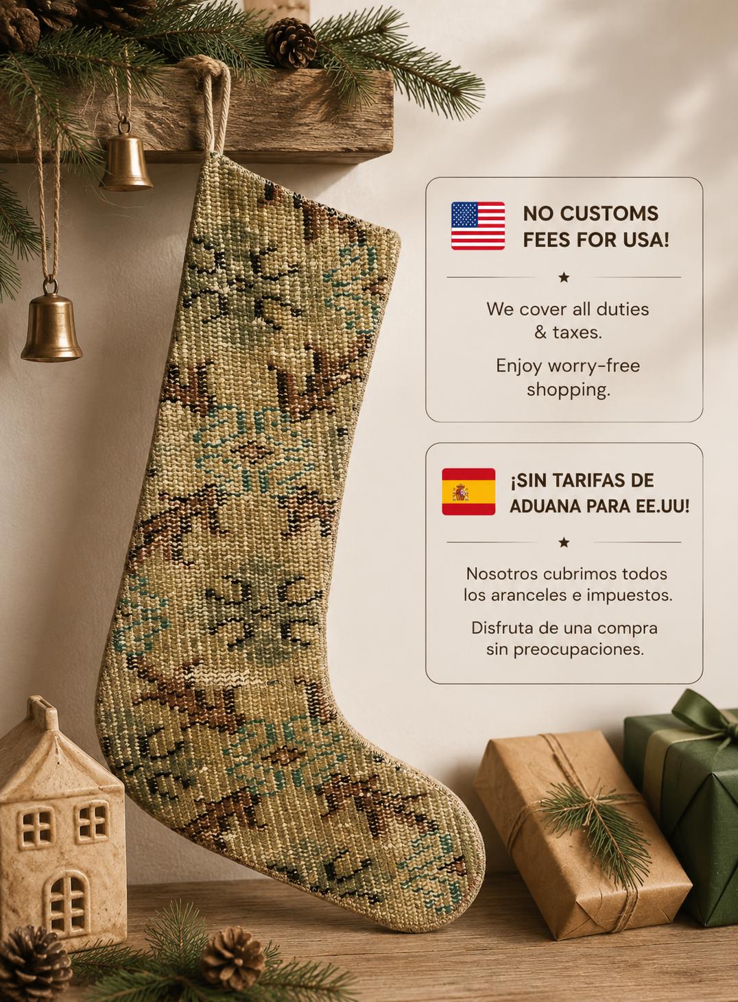 Turkish Rug Christmas Stocking, Vintage Wool Kilim, Sage Green Khaki Boho Fireplace Decor