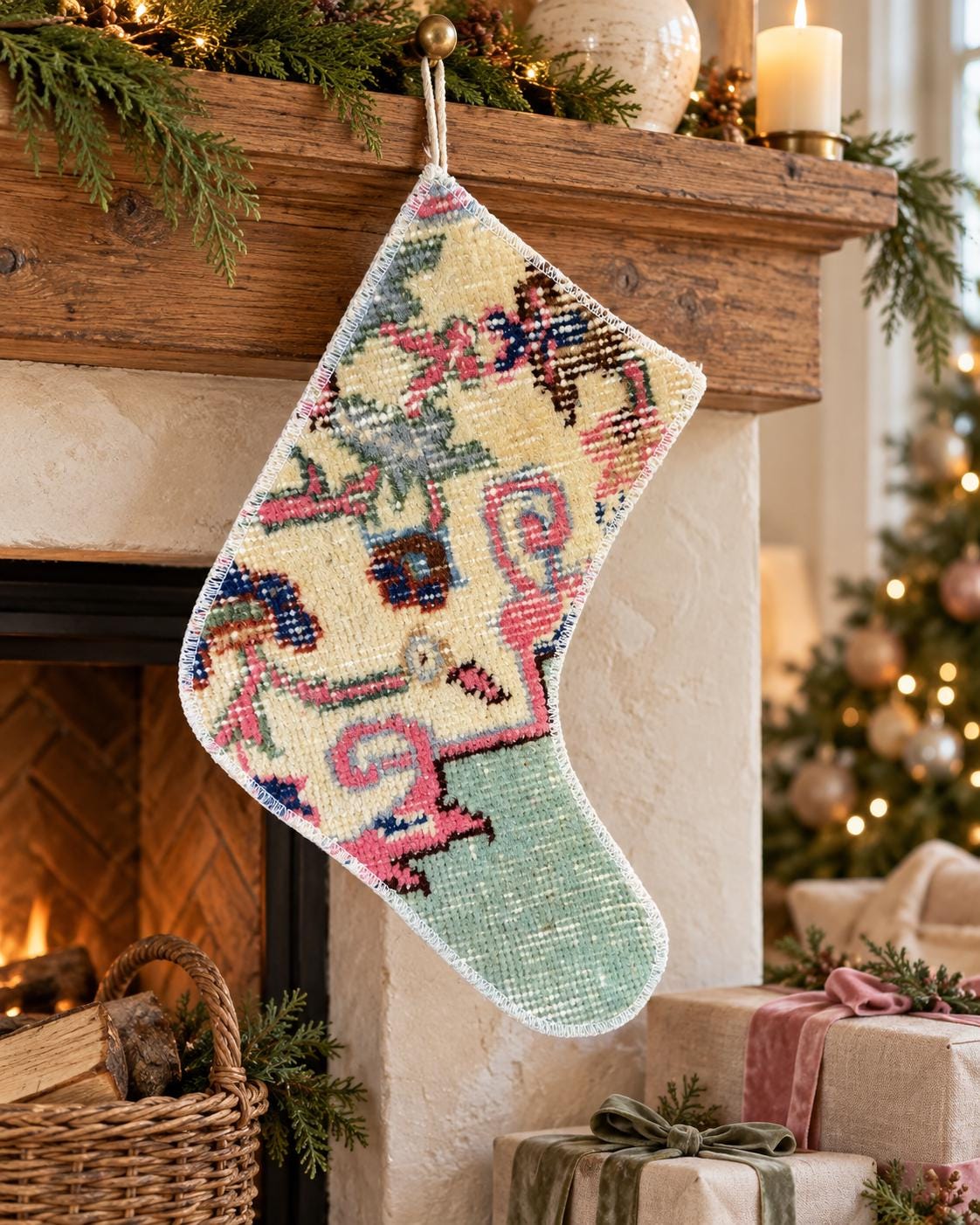 Christmas Stocking, Vintage Turkish Rug, Floral Ivory Pink Mint Green, 11 in in ivory, pink, green, full front view