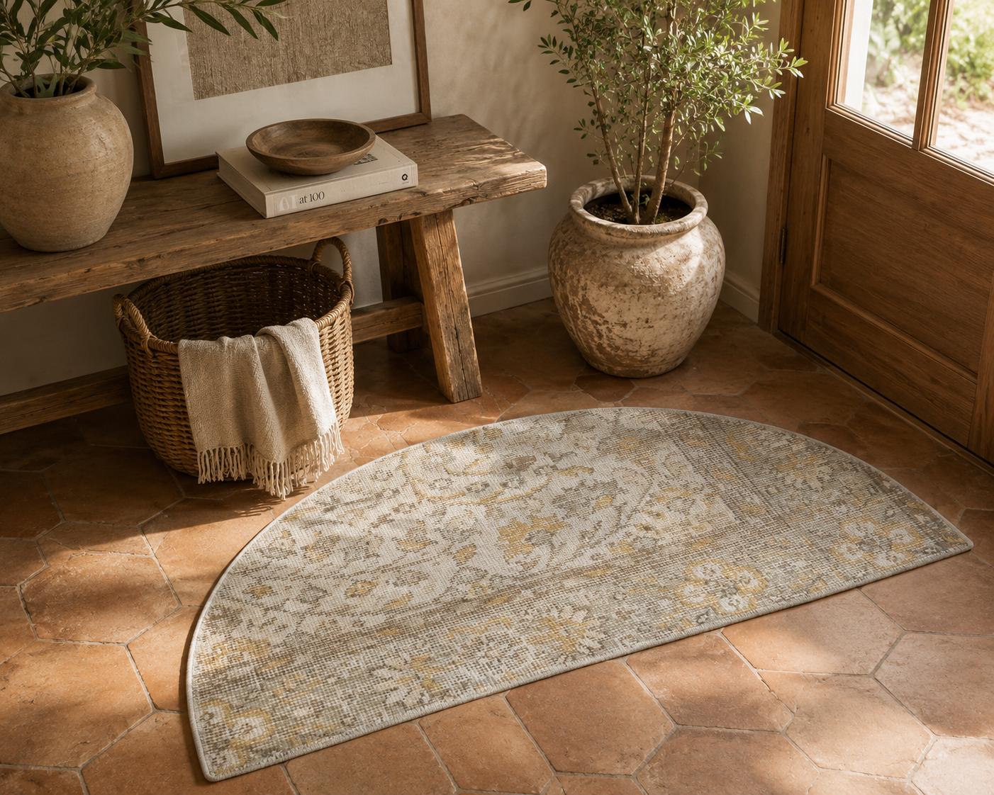 Vintage Turkish Semicircle Rug, Handwoven Wool Floral, Ivory White Gold Gray, 1.6x2.77 ft – view 2