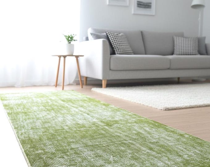Vintage Turkish Green Runner Rug 28x61 Inches Overdyed Wool Hallway Rug