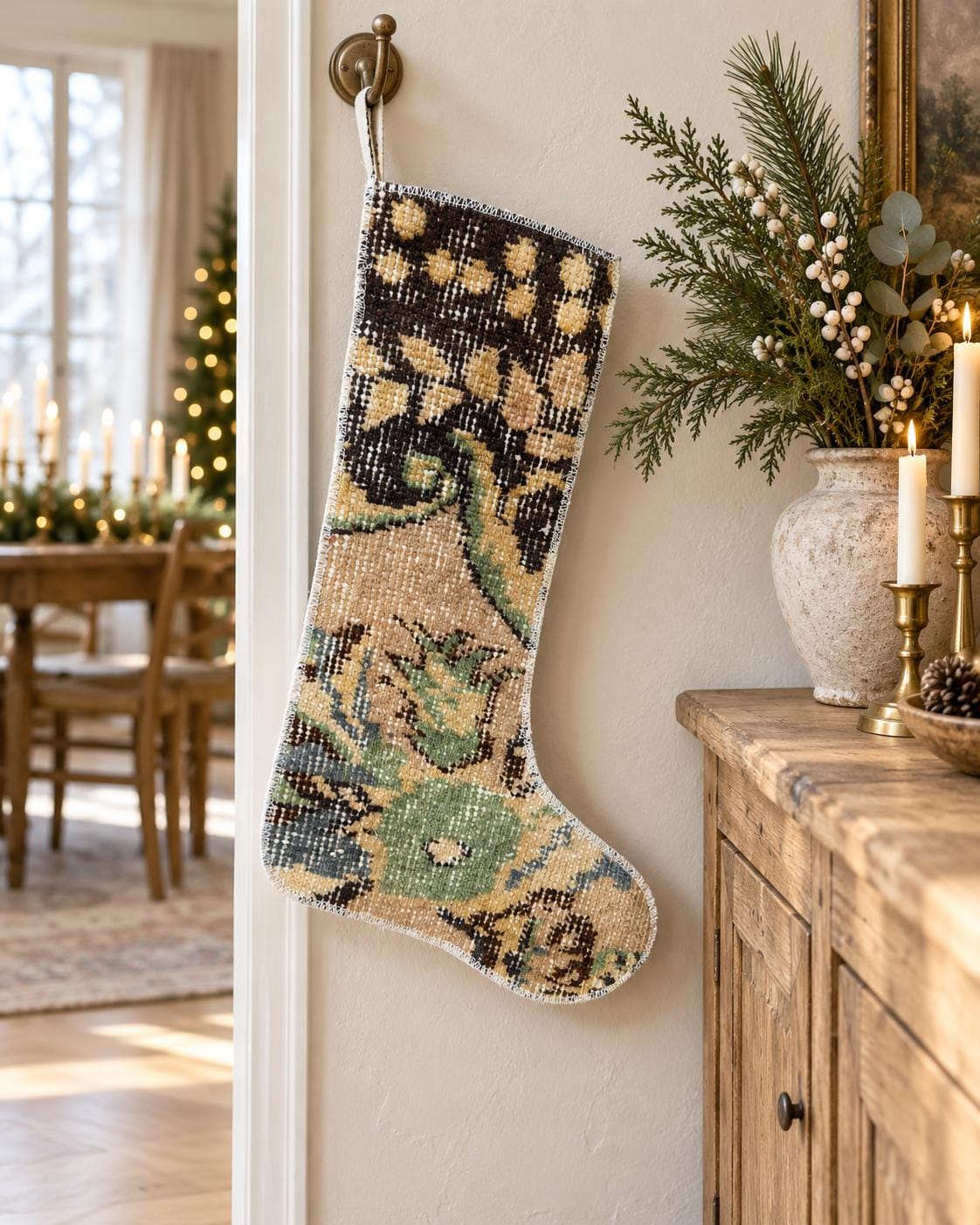 Vintage Turkish Rug Christmas Stocking, Handmade Boho Brown Mustard Decor, 11.4x17.3 in