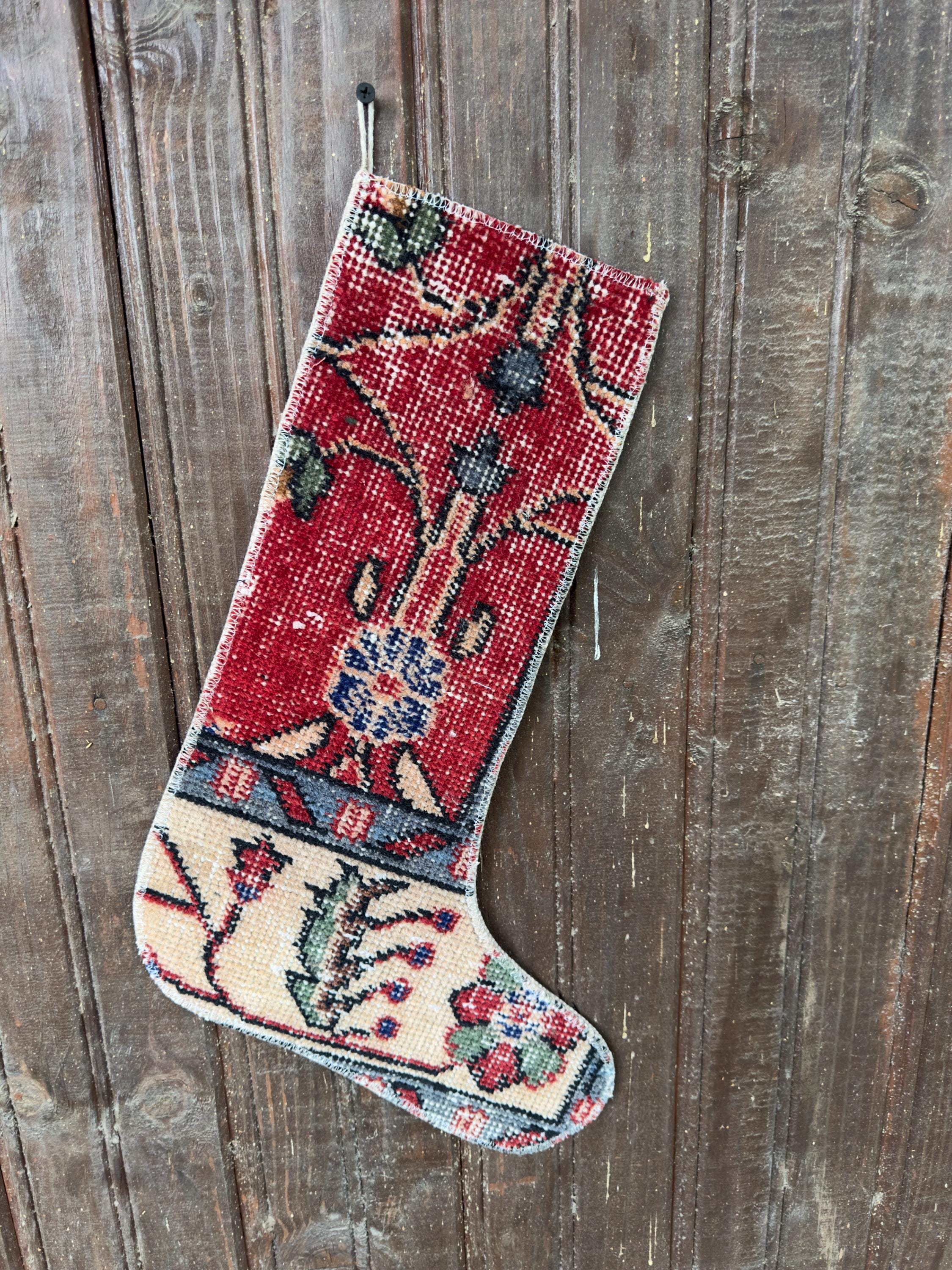 Vintage Turkish Rug Christmas Stocking, Bohemian Red Floral, Cream Blue Green, 12.6x18.1 in – view 4