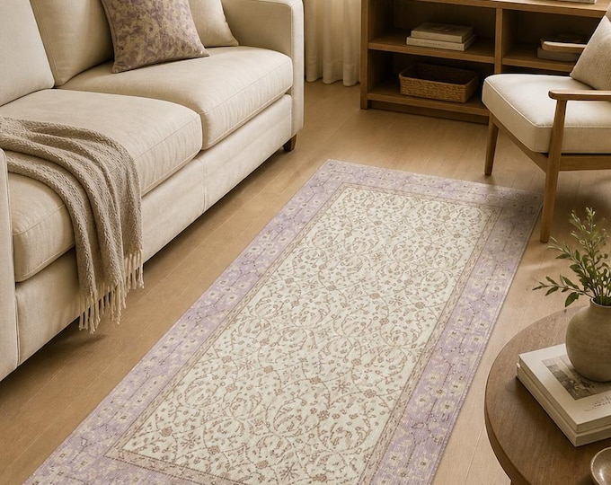 Vintage Turkish Isparta Rug, Hand Knotted Wool, Distressed Ivory Lavender Allover Floral, Boho