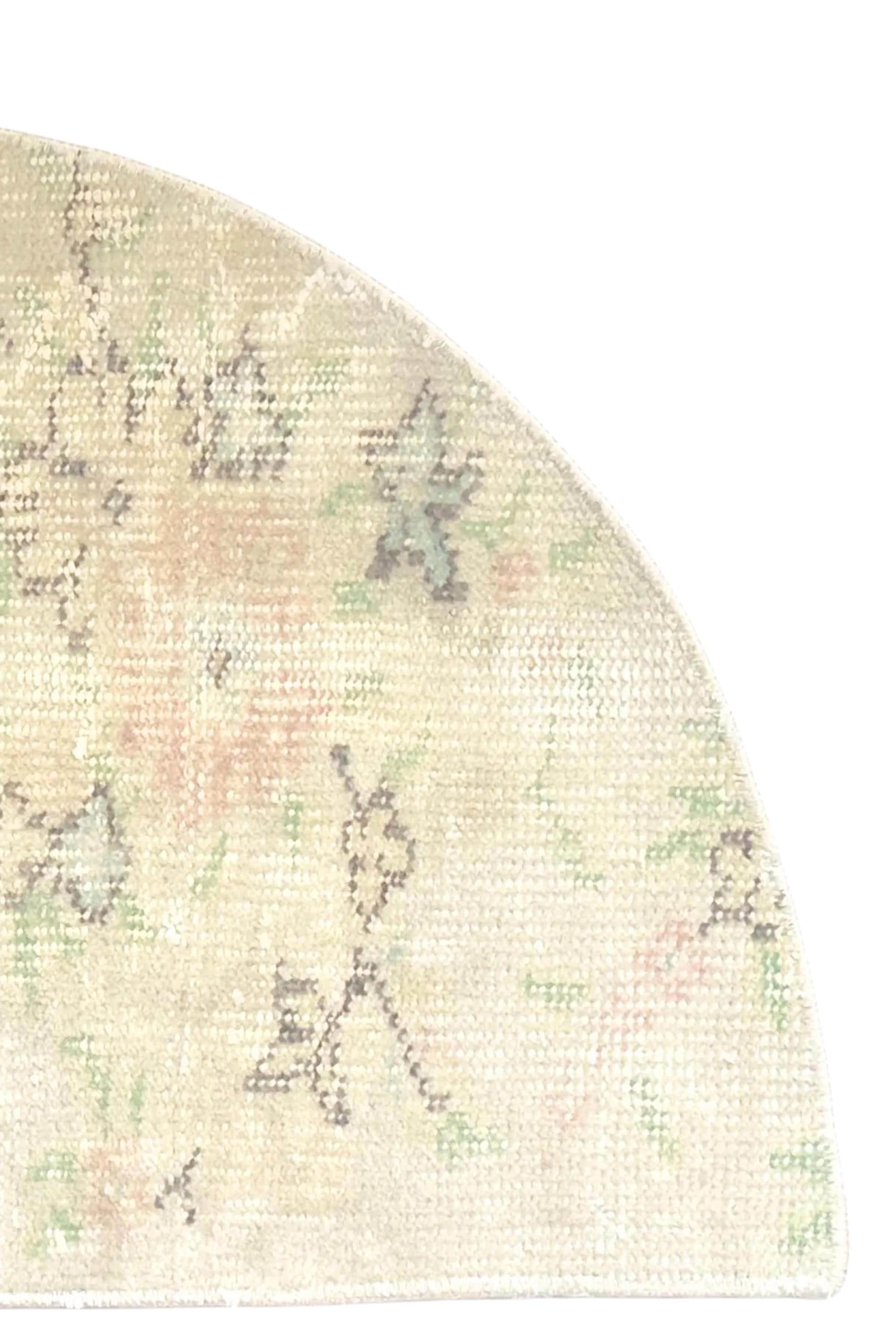 Vintage Turkish Semicircle Rug, Handwoven Wool, Ivory Blush Pink Sage Faded, 1.6x2.77 ft – view 9