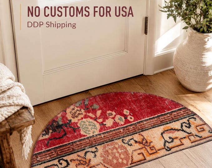 Semicircle Rug, Vintage Turkish Isparta, Handwoven Wool Floral, Distressed Red Beige, 1.5x2.5 ft