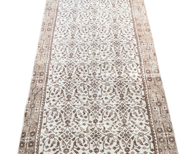 Vintage Turkish Isparta Rug, Handwoven Wool All-Over Floral, Distressed Ivory Brown Beige, 3.4x6.7 ft