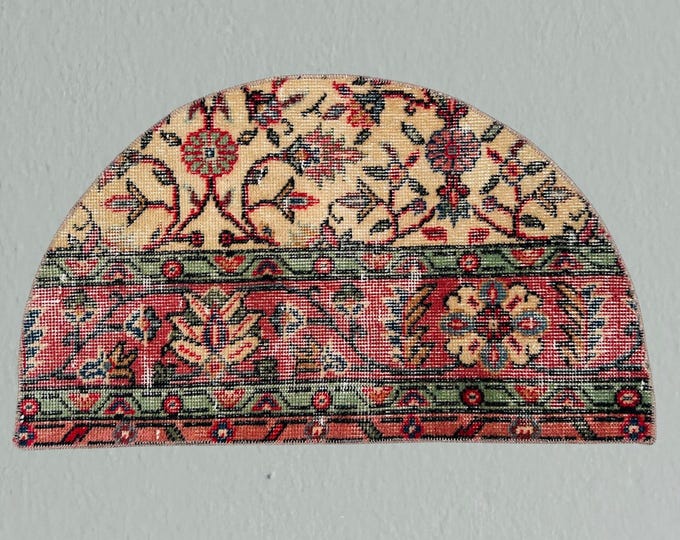 Vintage Floral Wool Turkish Rug: Half Circle Doormat