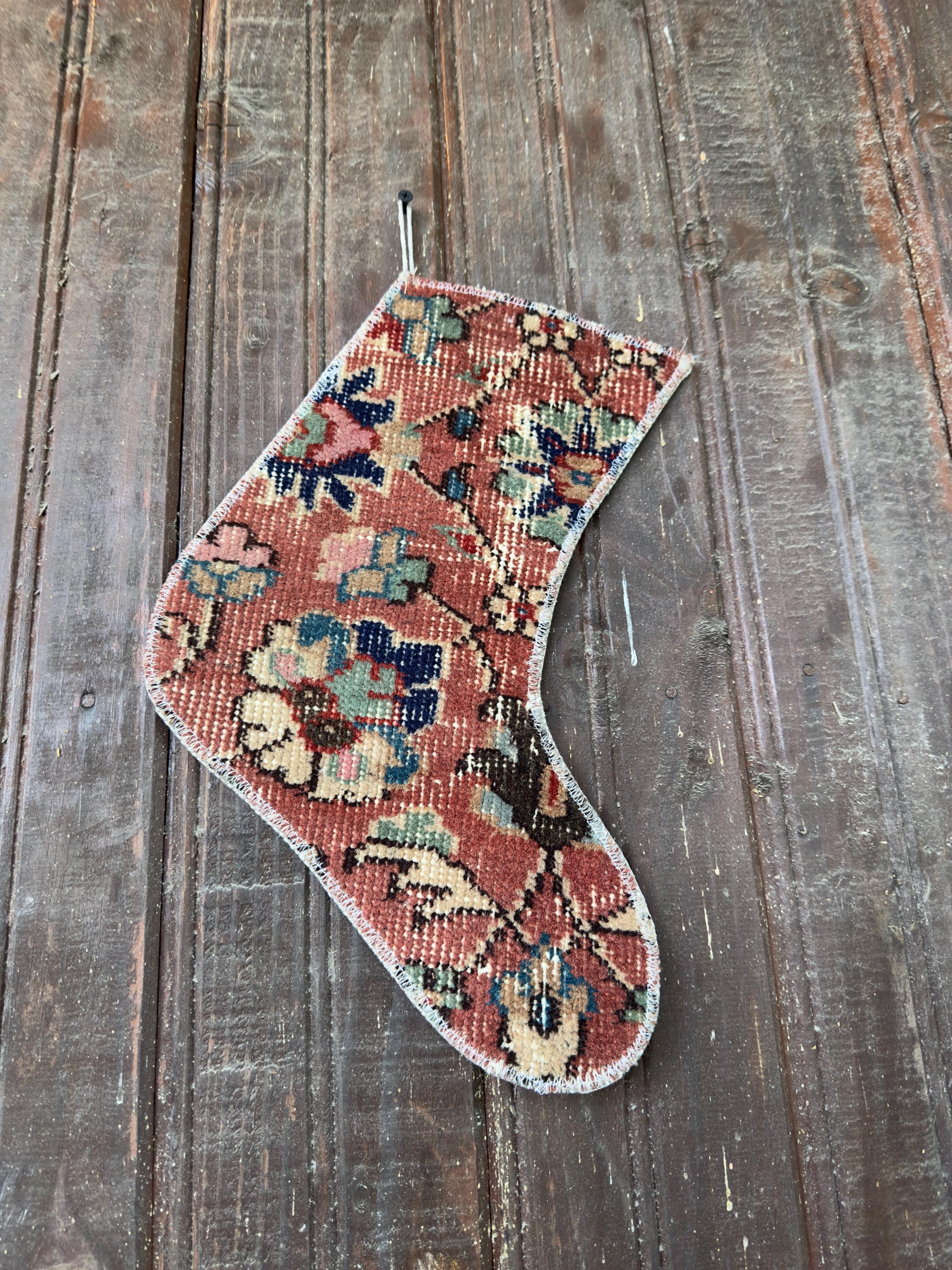 Vintage Turkish Rug Christmas Stocking, Terracotta Navy Sage Floral, Cream Pink Teal, 12.2x11.8 in – view 4