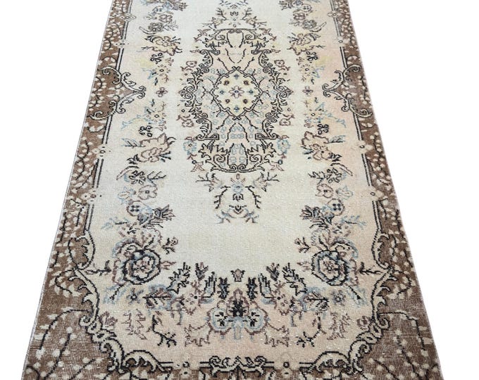 Vintage Turkish Isparta Rug, Handwoven Wool Medallion, Distressed Beige Brown, 3.5x7 ft