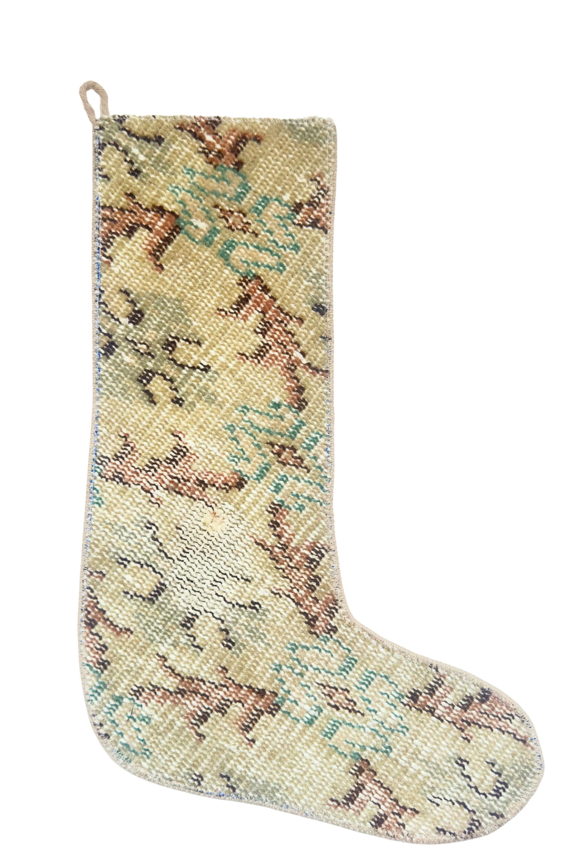 Turkish Rug Christmas Stocking, Handmade Vintage Anatolian Wool, Faded Beige Geometric, Boho Fireplace Decor – view 7
