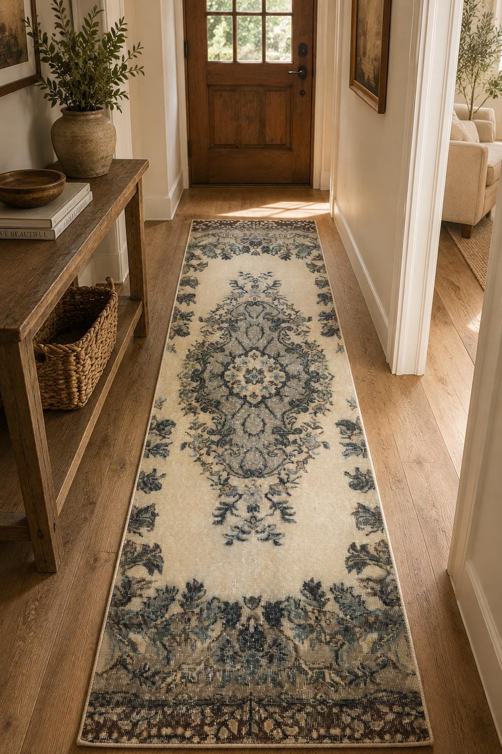 Vintage Turkish Runner Rug, Hand-Knotted Wool Floral Medallion, Faded Slate Blue Ivory, 2.8x9 ft – view 4