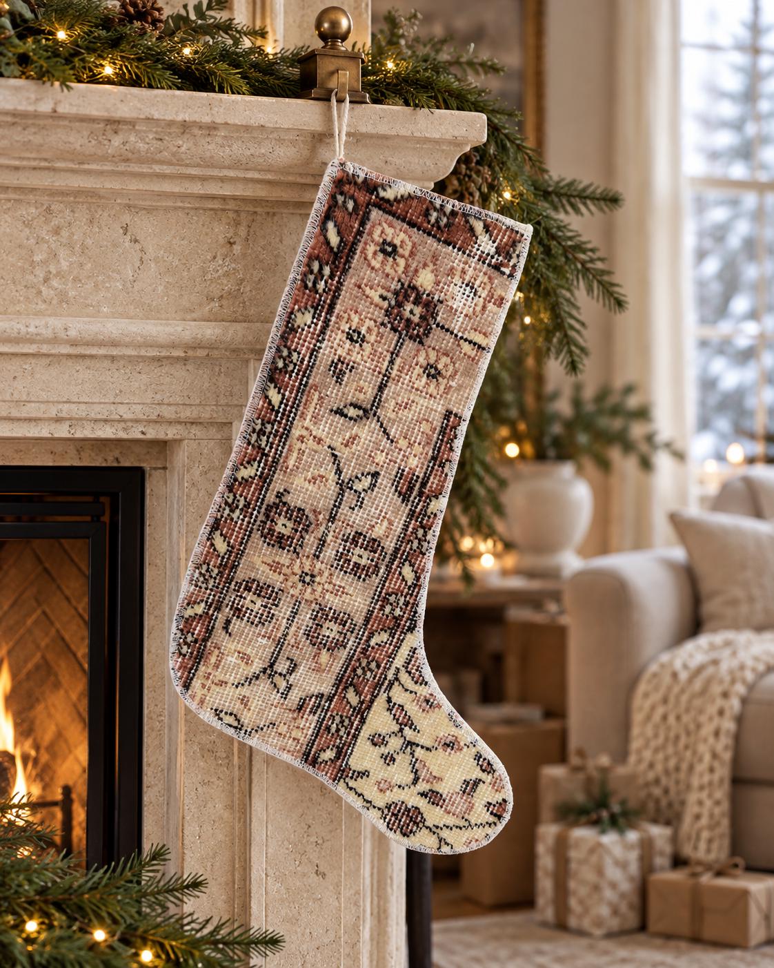 Vintage Turkish Rug Christmas Stocking, Soft Beige Floral Border, Cream Rust Terracotta, 13.4x18.5 in