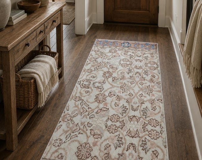 Vintage Turkish Isparta Rug, Handwoven Wool Allover Floral Vine, Distressed Ivory Blush, 1.8x3.6 ft