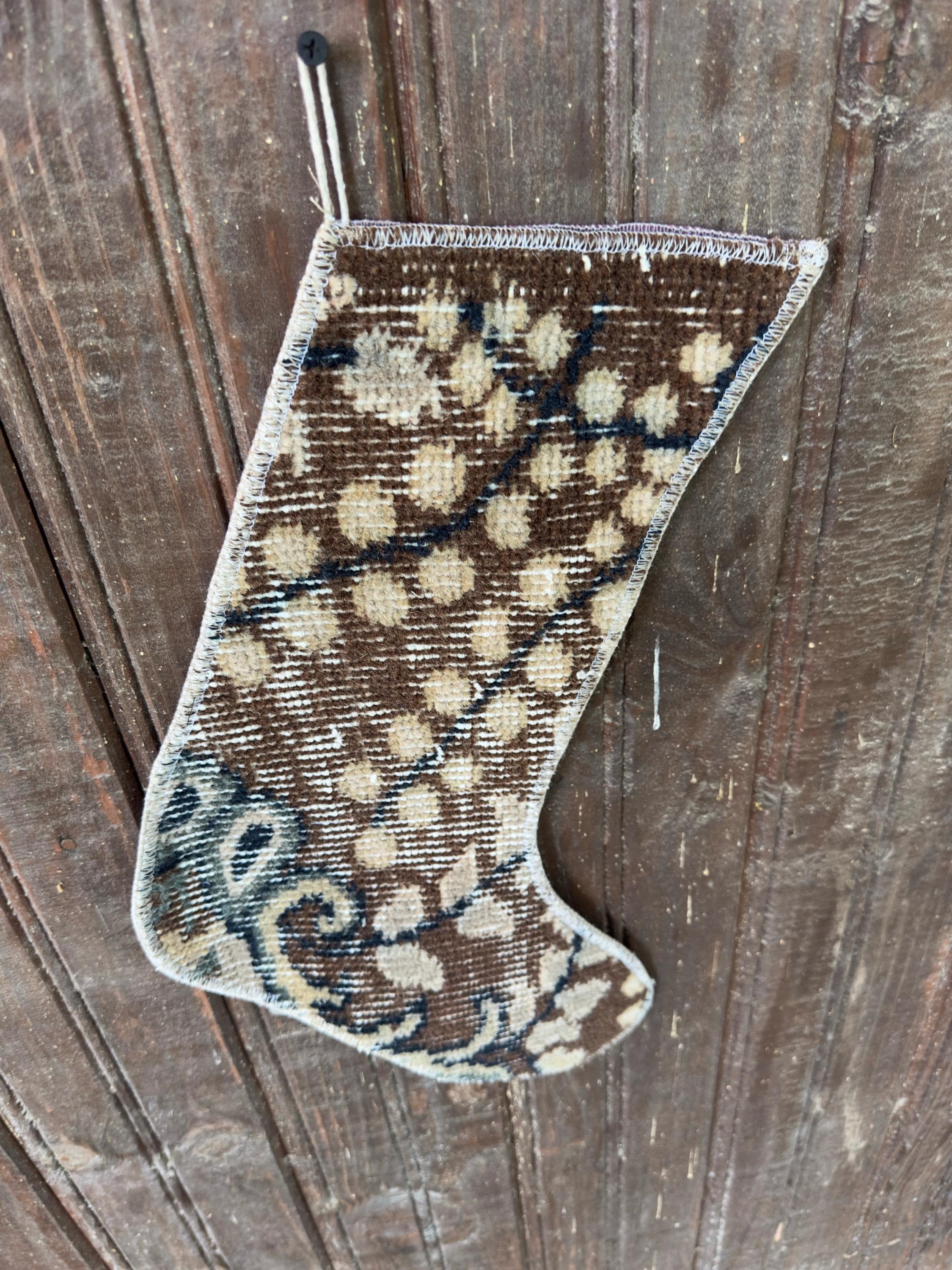 Christmas Stocking, Vintage Turkish Rug, Vine Pattern Brown Cream Navy, 15 in in cream, brown, navy, reverse and knot structure