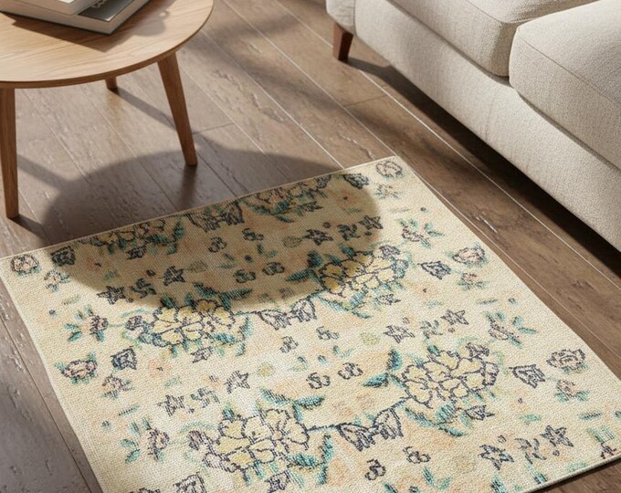 Vintage Turkish Square Rug Floral Wool Neutral Boho Accent Rug 3x3 ft