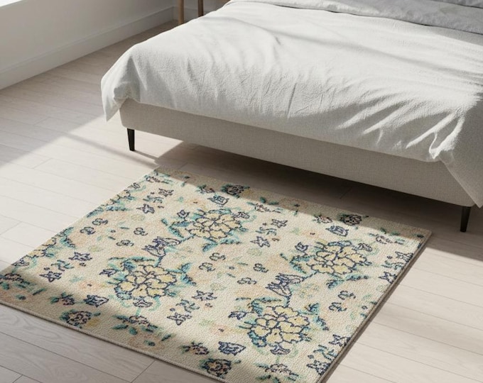 Vintage Turkish Small Rug Floral Wool Neutral Square Accent Rug 3x2.7 ft