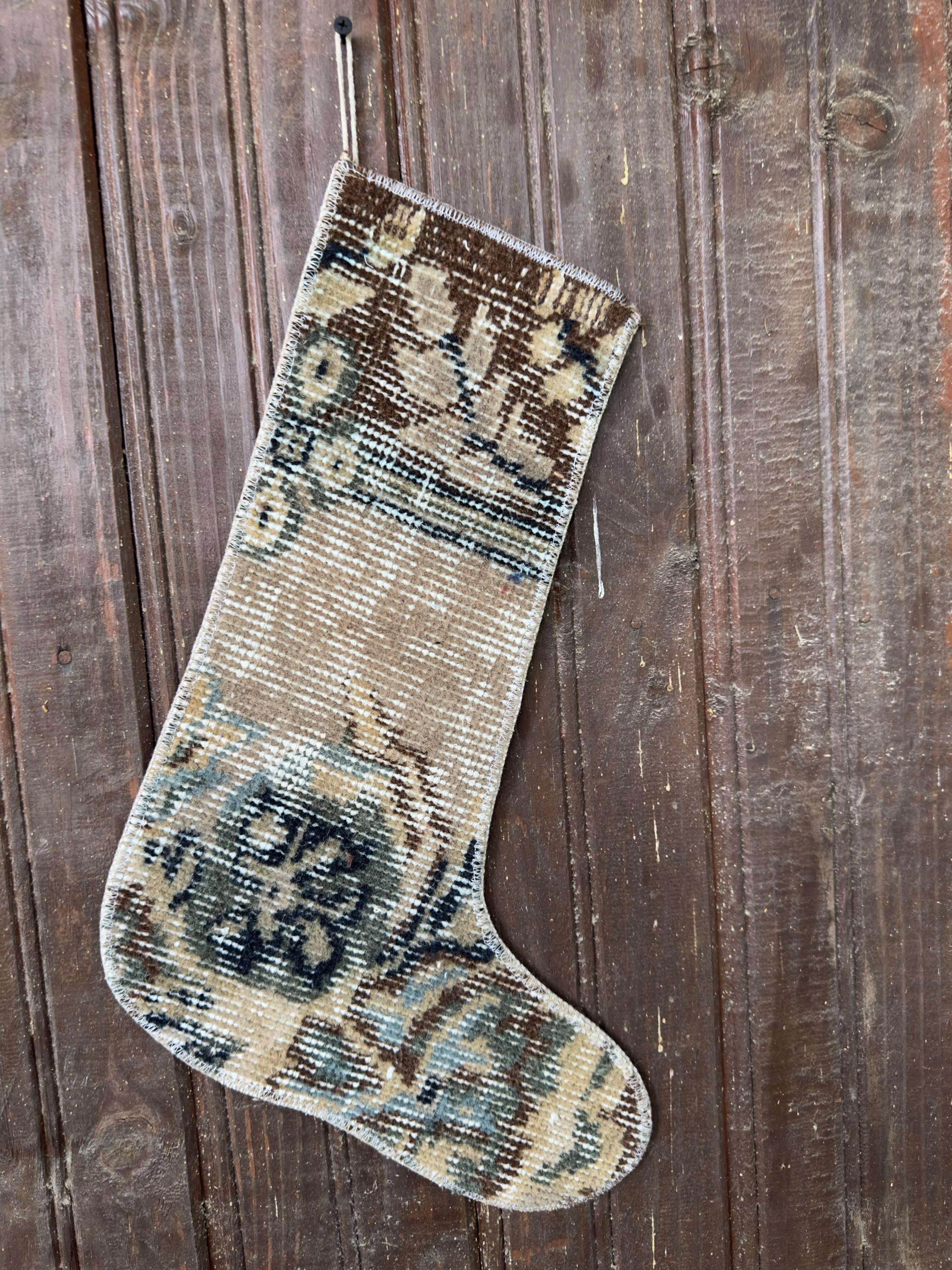 Christmas Stocking, Vintage Turkish Rug, Faded Beige Brown Navy Blue, 17 in in beige, brown, blue, navy, finished edge detail