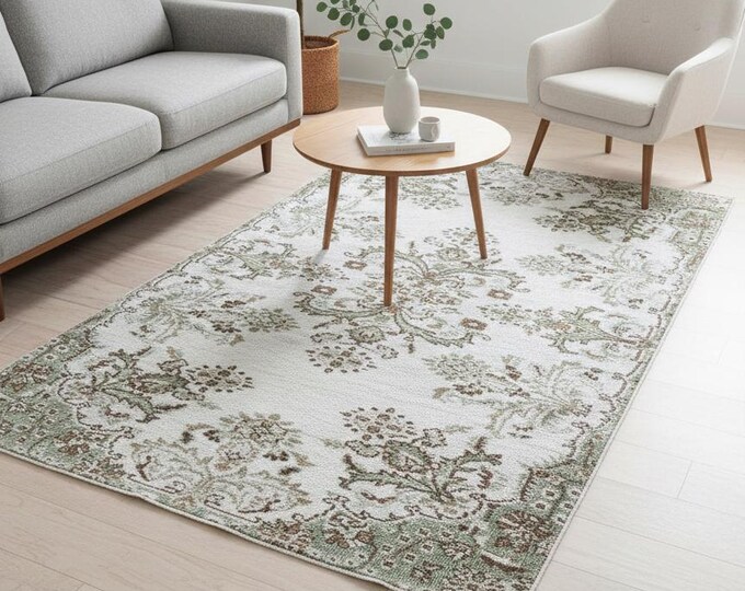 109x192.5 cm Beige Green Floral Wool Rug | Handwoven Turkish Carpet | Vintage Style Unique One-of-a-Kind