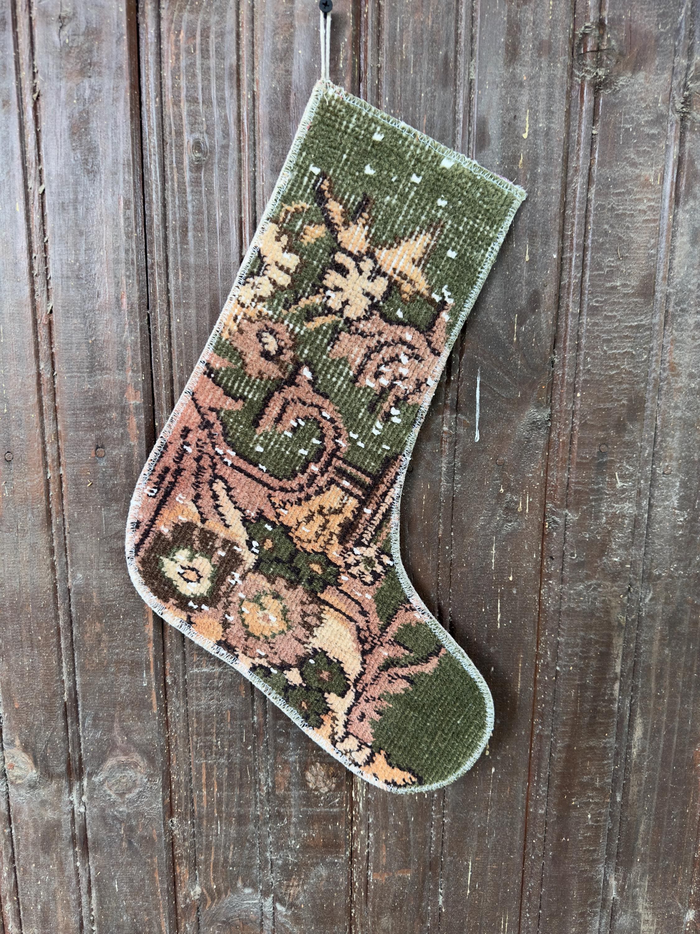 Vintage Turkish Rug Christmas Stocking, Rustic Olive Green Floral, Terracotta Rose Peach, 12.6x15 in – view 6