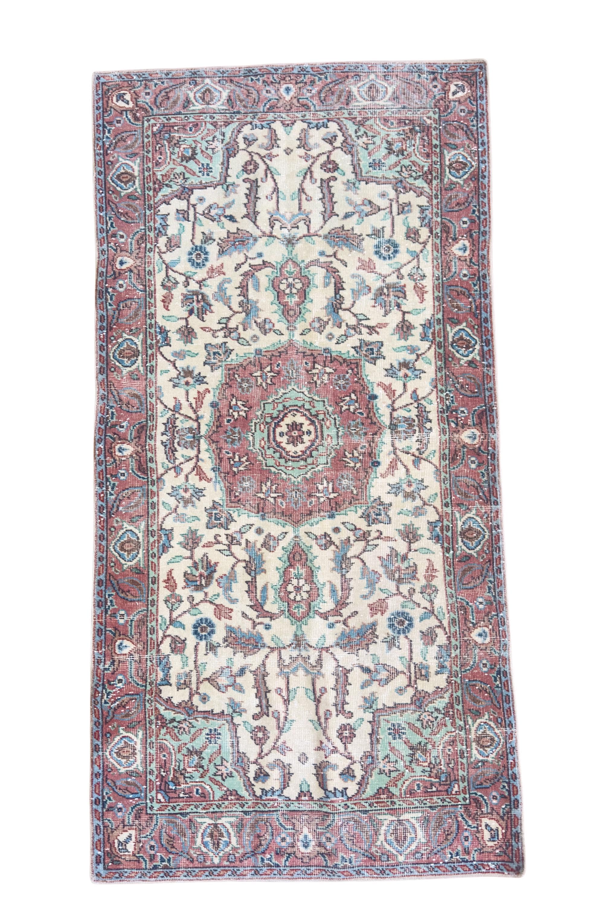 Vintage Turkish Rug, 3x6 Hand Knotted Wool, Dusty Rose Floral Medallion, Victorian Entryway Rug – view 4