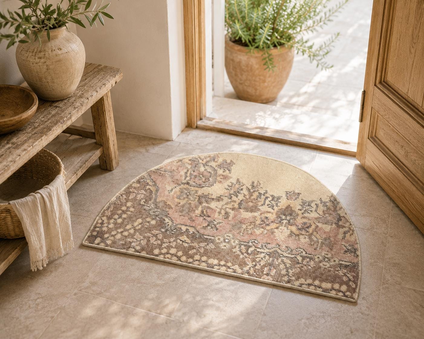 Vintage Turkish Semicircle Rug, Handwoven Wool, Ivory Taupe Dusty Rose Distressed, 1.6x2.77 ft