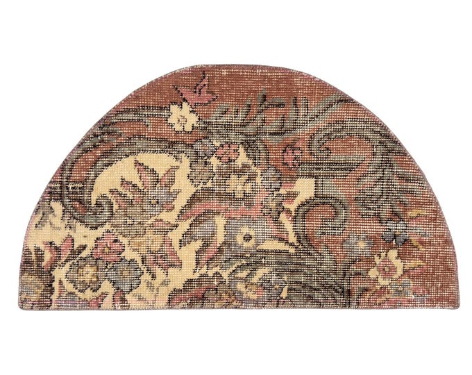 Semicircle Oushak Turkish Vintage Wool Entry Area Handmade Boho Small Bathroom Bedroom Livingroom Decor