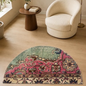 Vintage Turkish Semicircle Rug, Hand-Knotted Wool Paisley Medallion, Sage Green Rose Pink, 1.5x2.5 ft