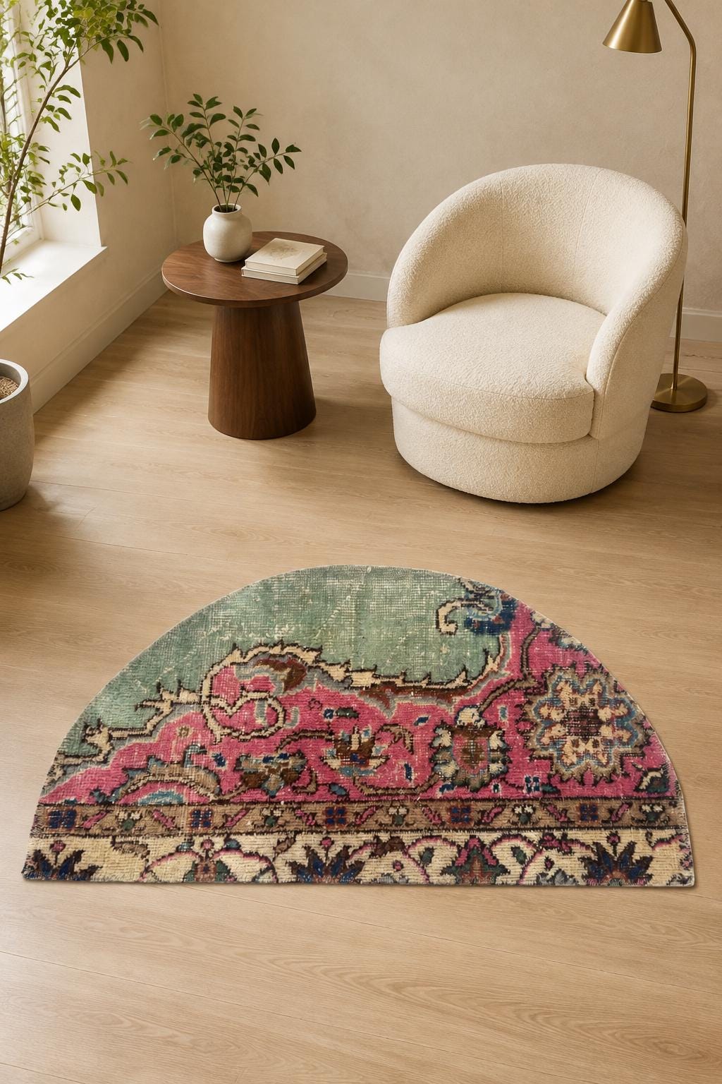 Vintage Turkish Semicircle Rug, Hand-Knotted Wool Paisley Medallion, Sage Green Rose Pink, 1.5x2.5 ft