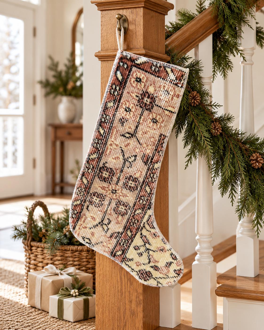 Vintage Turkish Rug Christmas Stocking, Soft Beige Floral Border, Cream Rust Terracotta, 13.4x18.5 in – view 2