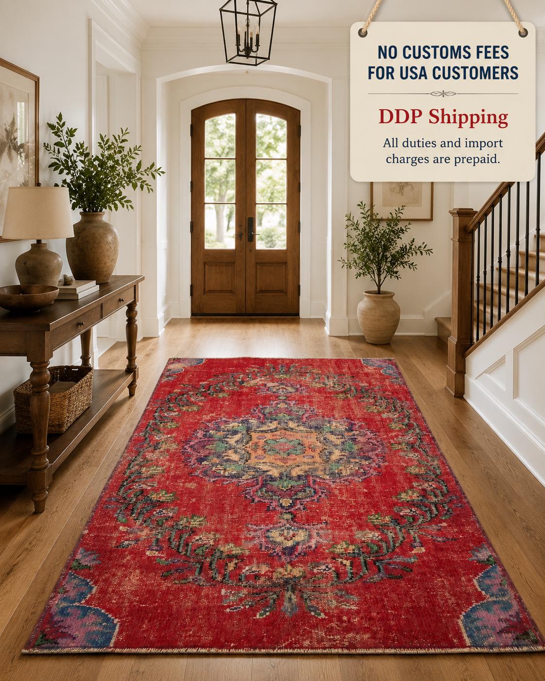 Vintage Turkish Isparta Rug 1980, Hand-Knotted Wool Medallion, Red Multicolor Floral, 4.1x5.7 ft