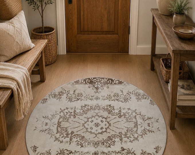 Round Area Rug, Vintage Isparta Handwoven Wool Circle, Distressed Ivory White Brown Floral, 3.9 ft