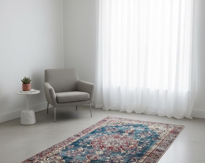 Vintage Hand-Knotted Isparta Rug 40"x79" Blue Red Distressed