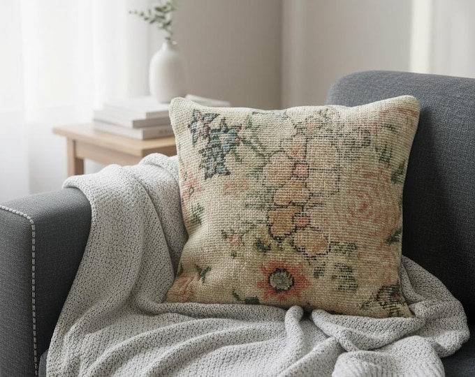 16x16 Vintage Rug Pillow Cover – Luxury Turkish Wool Cushion, Farmhouse Boho Decor