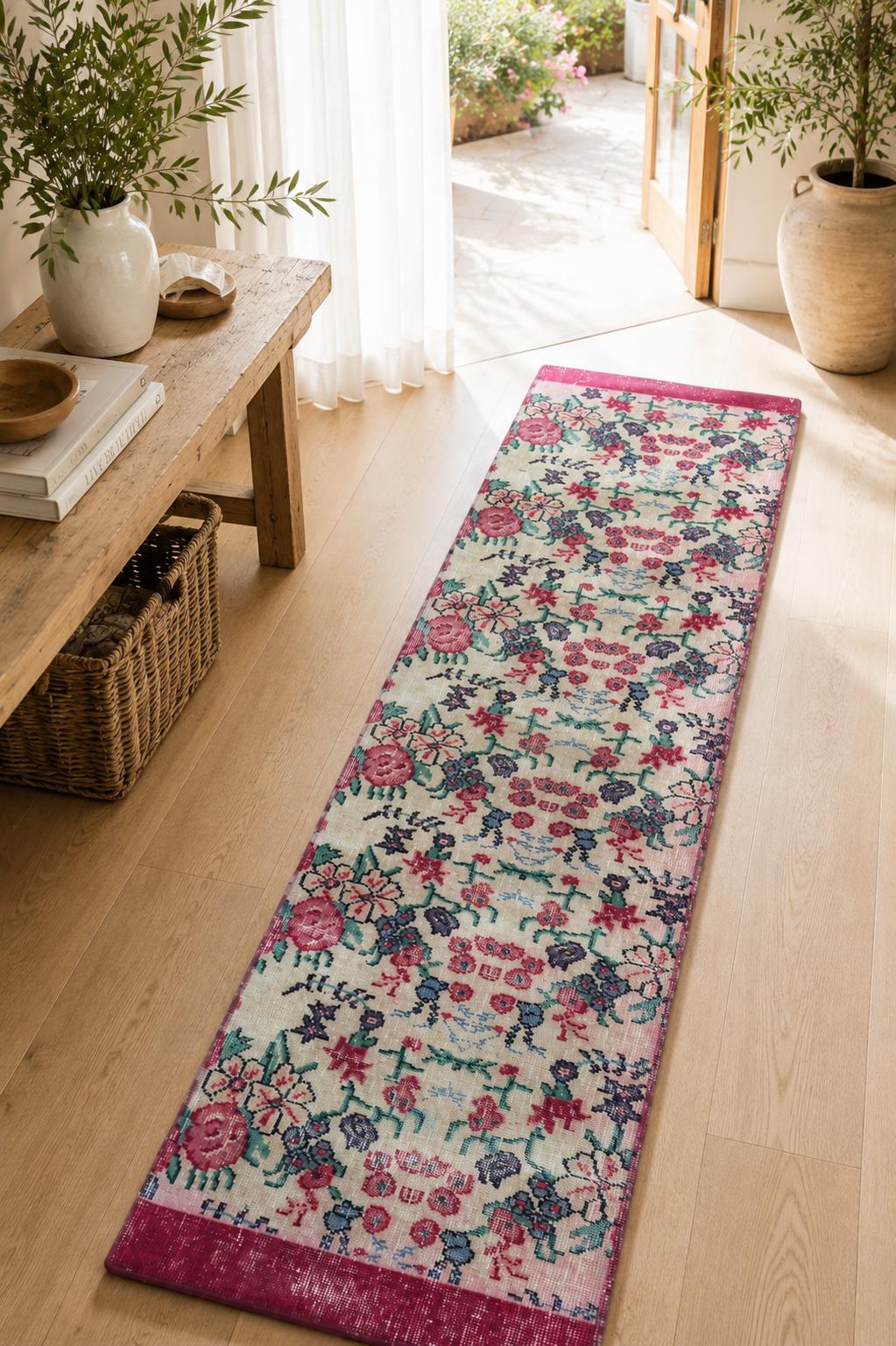 Vintage Turkish Runner Rug, Handwoven Wool Floral, Distressed Ivory Pink Cottagecore, 1.9x8.2 ft