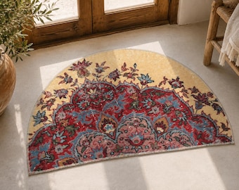 Vintage Turkish Semicircle Rug, Hand-Knotted Wool Persian Medallion Floral, Gold Crimson, 1.75x2.8 ft