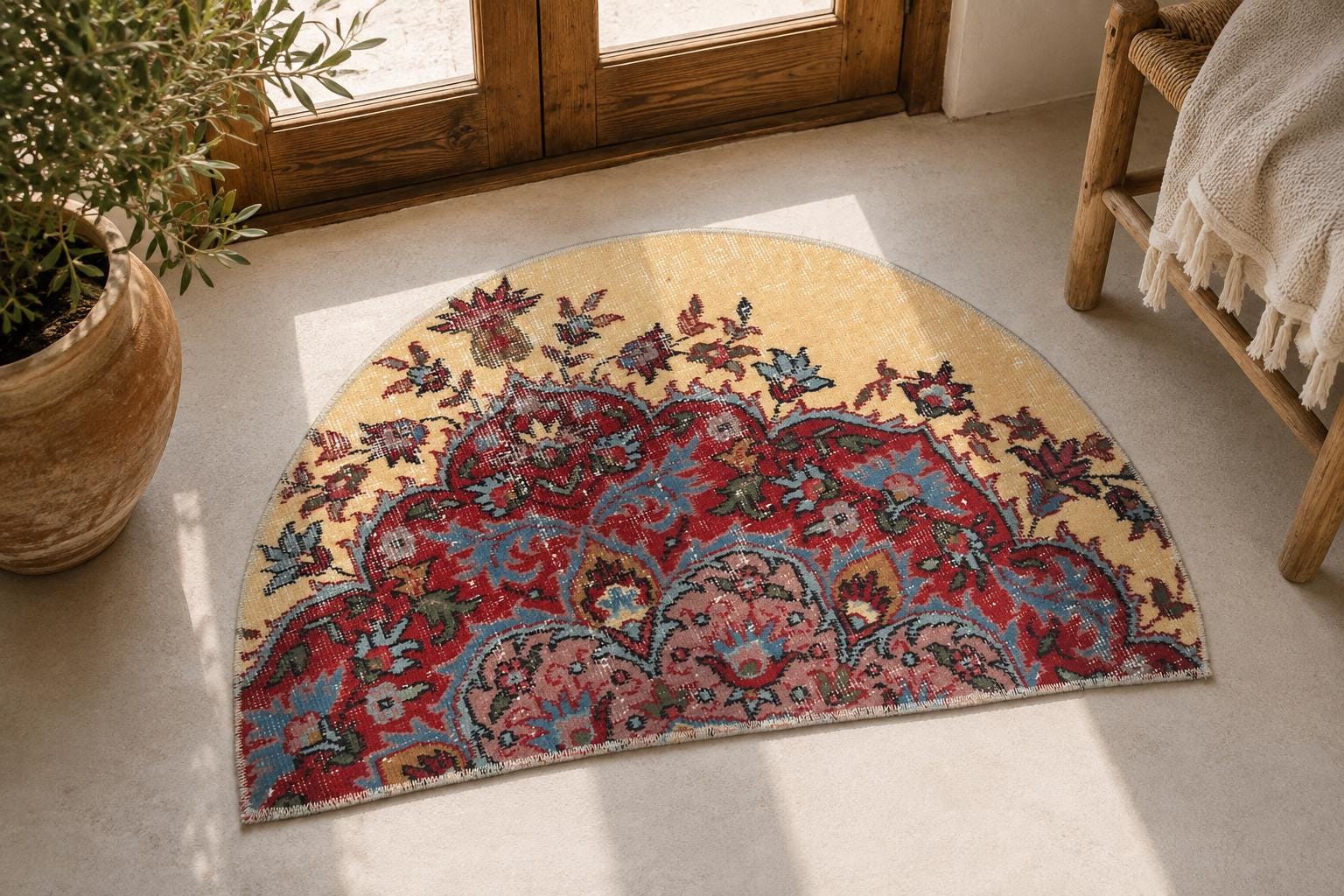 Vintage Turkish Semicircle Rug, Hand-Knotted Wool Persian Medallion Floral, Gold Crimson, 1.75x2.8 ft