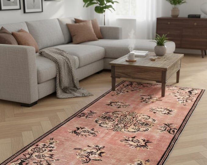 Vintage Turkish Pink Runner Rug 4x7.8 ft – Handwoven Wool Area Rug, Anatolian Carpet, Farmhouse Decor Hallway Rug