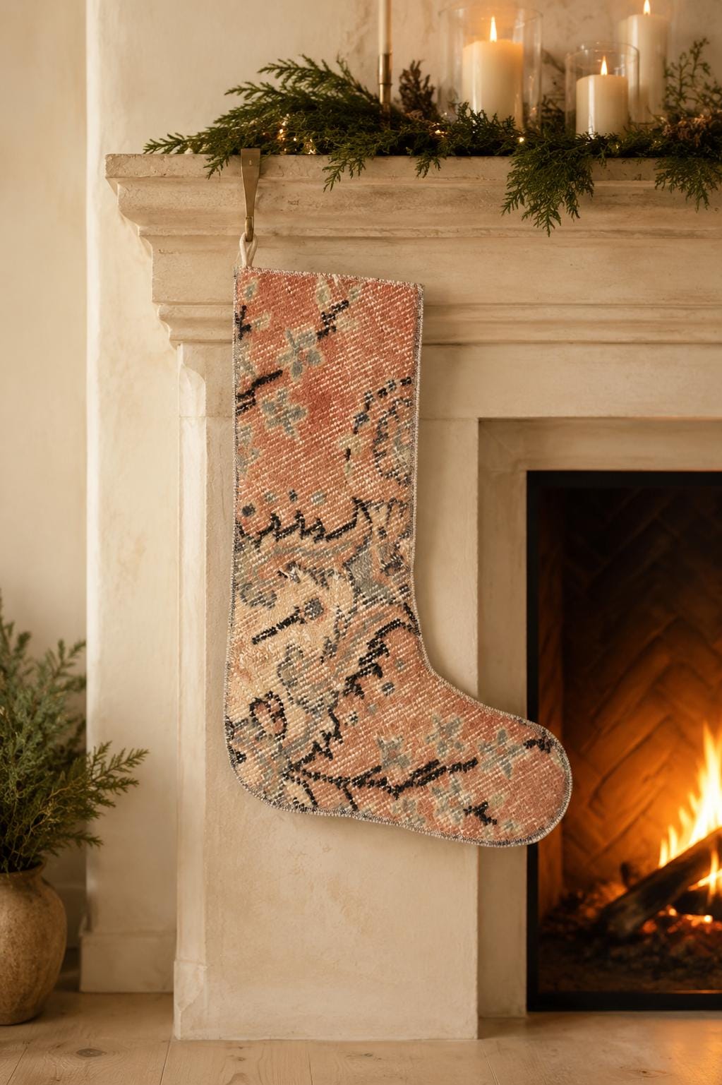 Turkish Rug Christmas Stocking, Handmade Vintage Anatolian Wool, Boho Fireplace Decor, Terracotta