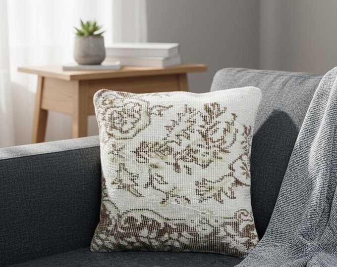 Vintage Handwoven Kilim Pillow Cover: Beige Brown Turkish Rug Cushion (16x16)