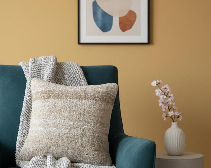 Beige Hemp Cushion Cover 16x16 inch Natural Rustic Neutral Handmade Eco-Friendly Decorative Pillow