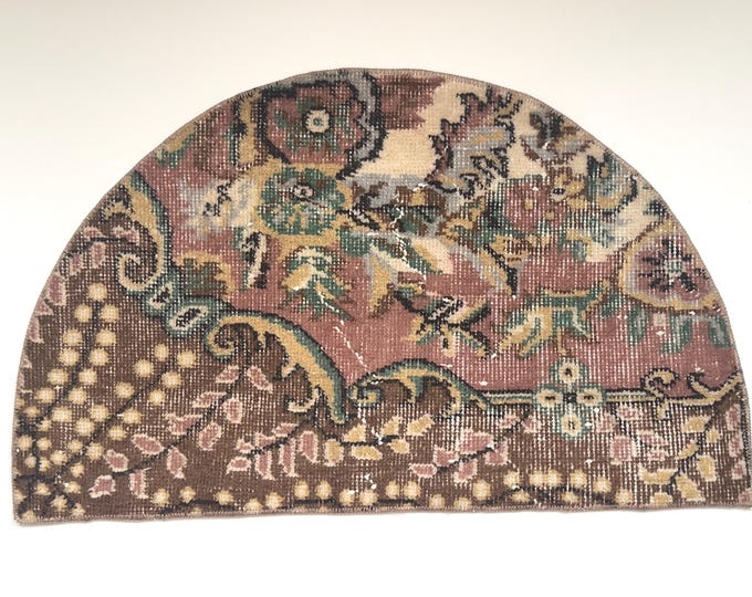 20.1x33.5 Inch Vintage Turkish Semicircle Rug, Floral Wool Half Round Entryway Mat