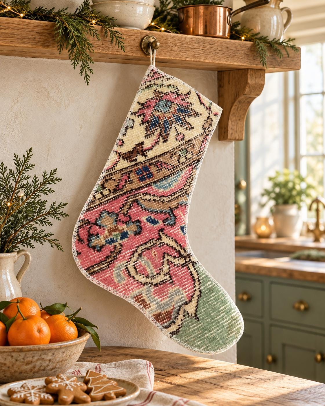 Christmas Stocking, Vintage Turkish Rug, Floral Cream Pink Taupe Mint Green, 16 in in cream, pink, green, right-side pattern detail