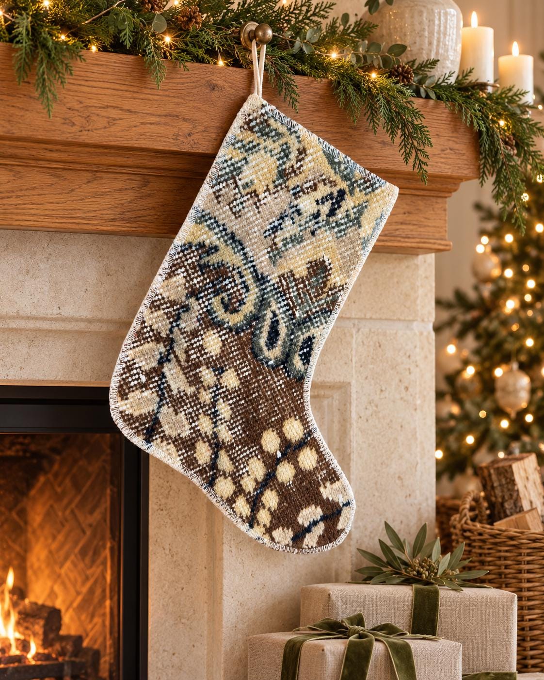 Christmas Stocking, Vintage Turkish Rug, Scroll Pattern Brown Cream Sage Navy, 13 in in cream, brown, navy, sage, full front view