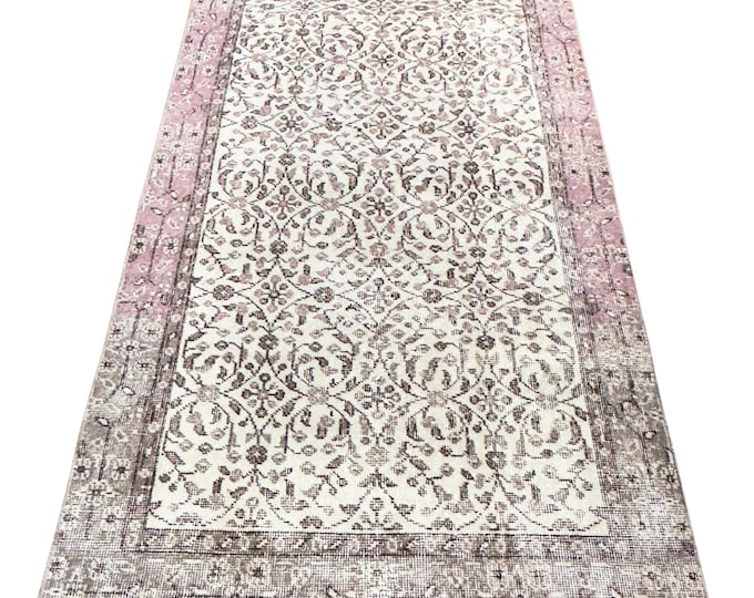 Vintage Turkish Isparta Rug, Handwoven Wool All-Over Floral, Distressed Ivory Mauve Purple, 3.4x6.5 ft