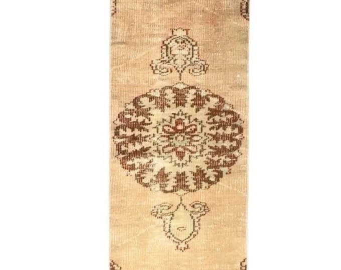 Vintage Turkish Runner Rug 2.1x7.4 ft, Beige Wool Hallway Runner, Handwoven Anatolian Rug