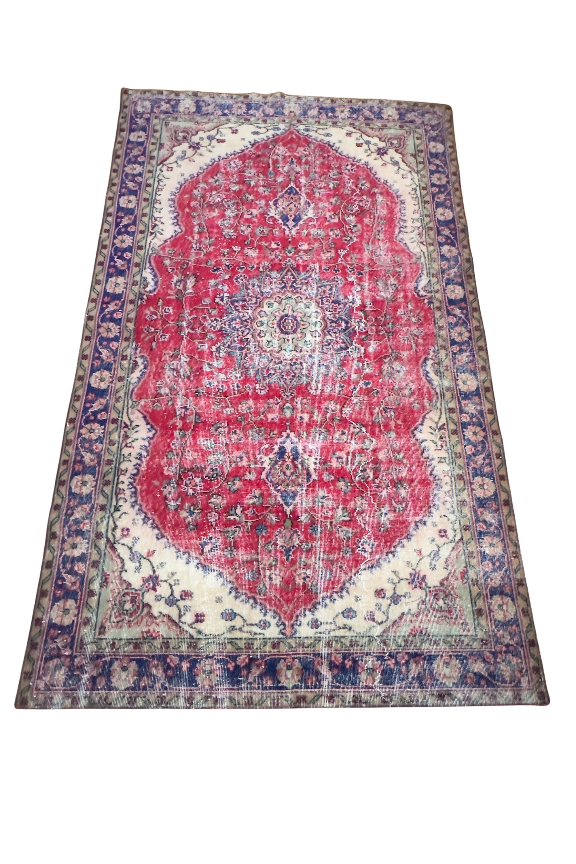 Vintage Turkish Area Rug, Hand-Knotted Wool Medallion, Faded Crimson Red Navy, 6x9 ft – view 4