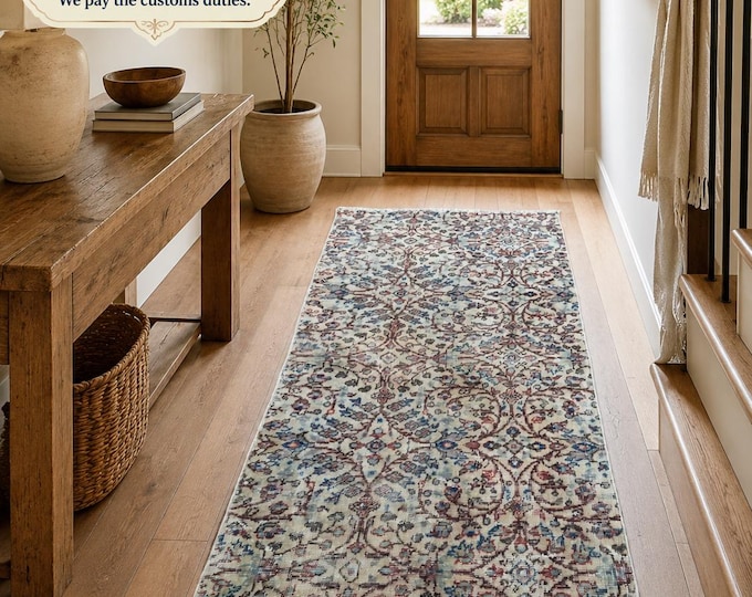 Turkish Runner Rug, Vintage Isparta Handwoven Wool Floral, Distressed Ivory Burgundy Blue, 2.5x6.5 ft
