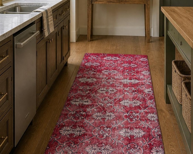 Turkish Runner Rug, Vintage Isparta Handwoven Wool Floral, Distressed Red Ivory, 2.7x3.8 ft