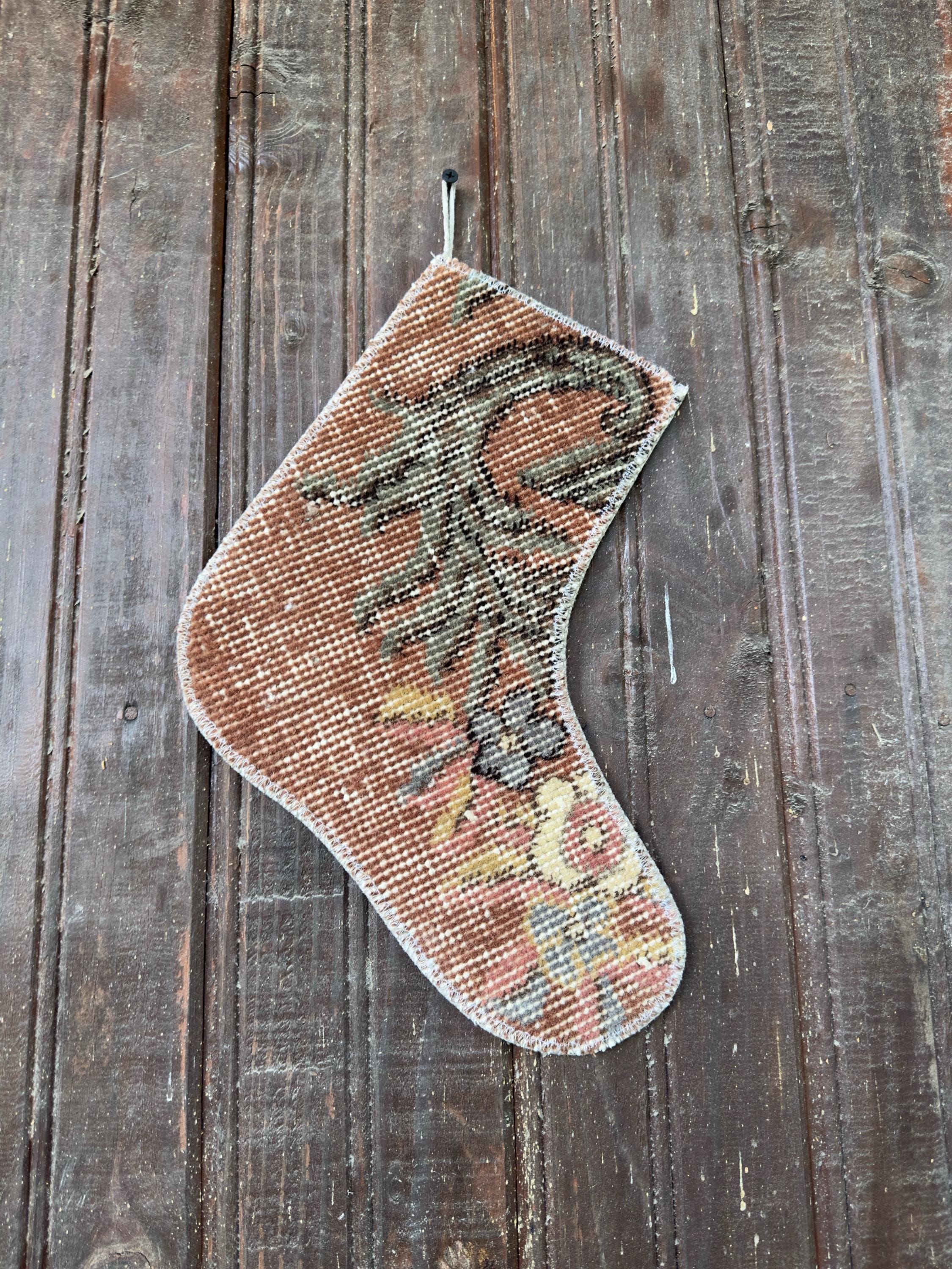 Christmas Stocking, Vintage Turkish Rug, Floral Terracotta Olive Cream, 11 in in cream, terracotta, central motif detail